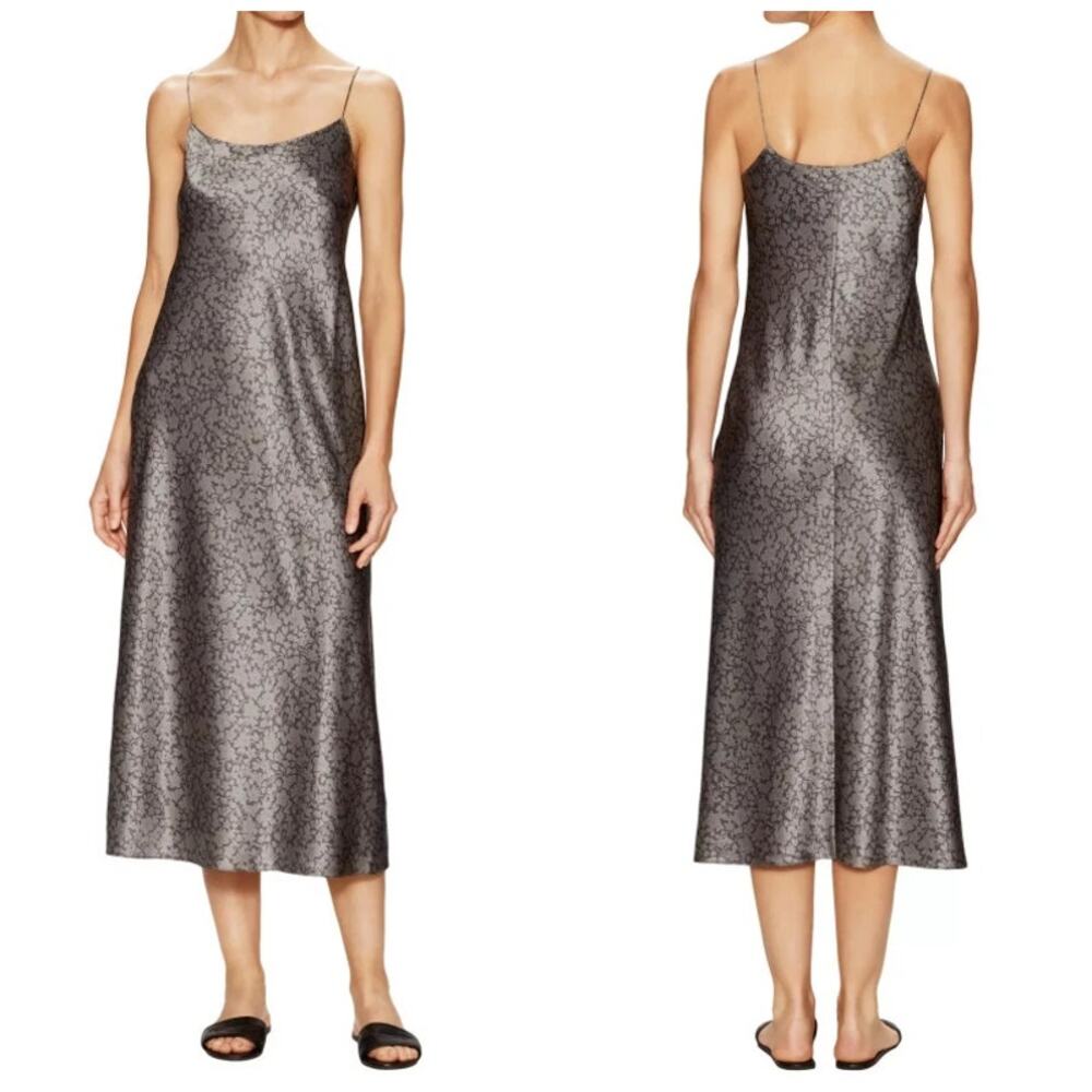 Vince Womens Size Medium Gray Floral Satin Silk Slip Midi Dress NWT